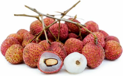 Lychees are oval-round and petite, roughly the size of a walnut, and their leathery skin is covered with tiny spikes. Young lychee fruits start out green, and as they mature, they become blushed with pink and eventually turn a bright red. The pearly-white pulp is covered in juice and houses a dark-brown seed at its center, which can vary in size from 1/2 inch to 1 inch in length, depending on the variety. The firm yet gelatinous pulp is chewy and juicy with a sweet, fruity flavor, like a cross o Fruity Snacks, Apricot Recipes, Lychee Fruit, Ghost Plant, Lemon Cucumber, Turmeric Recipes, Bell Pepper Recipes, Raspberry Recipes, Artichoke Recipes