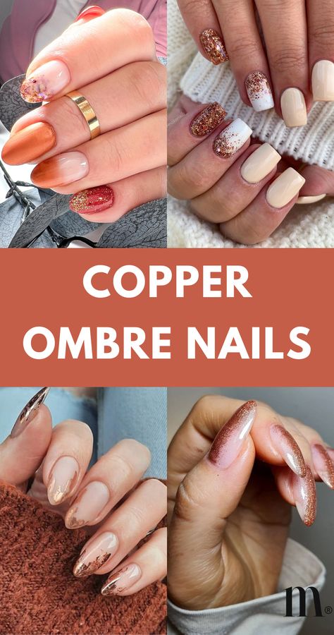 Discover chic copper ombre nail ideas to express your unique style. From subtle gradients to bold statements, find the perfect design to dazzle your fingertips. Explore endless inspiration for stunning copper ombre nails on our blog! 💅✨ Copper Dip Powder Nails, Ombre Thanksgiving Nails, Fall Glitter Ombre Nails, November Ombre Nails, Thanksgiving Nails Ombre, Copper Ombre Nails, Fall Copper Nails, Fall Ombré Nails 2024, Copper French Tip Nails