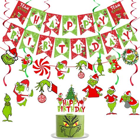 PRICES MAY VARY. Package Include: 1pcs red green grinch happy birthday banner,1pcs grinch Christmas garland and 6pcs grinch Christmas hanging swirls,full of Christmas feeling.It is a must-have garland to celebrate your grinch Christmas birthday party, brighten up your home party. Grinch Christmas Birthday Decorations: This cute red green grinch birthday decorations are really perfect to add funny atmosphere for your Christmas Birthday Party, Christmas Holiday Party, Xmas Birthday Party Decoratio Grinchmas Decorations Diy, Grinch Garland, Christmas Sweet Table, Christmas Birthday Party Decorations, Grinch Birthday, Grinch Whoville, Whoville Christmas, Grinch Party, Grinch Christmas Decorations