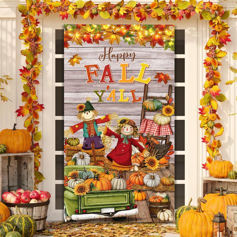 PRICES MAY VARY. 【Package Includes】Package include 1pc of fall Thanksgiving door cover,measuring 180x30cm/70.8X11.8in,It is large enough for party decoration and photography,a pretty Mother's day decoration and gift idea. 【Unique Design】The happy fall y'all banner features a vivid fall harvest as the theme, patterns with big scarecrow, maple leaves, trucks, sunflowers, and pumpkins.The printed "Happy Fall Y'all" are printed , which is childlike and unique. The entire picture is filled with a ple Background Thanksgiving, Porch Party, Scarecrow Pumpkin, Porch Parties, Yard Party, Teachers Lounge, Door Cover, Happy Fall Y'all, Pumpkin Fall