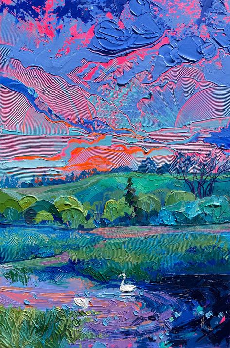 Marine - Anastasia Trusova Stylized Painting, Anastasia Trusova, Sunsets And Sunrises, Two Swans, Fauvism, A Level Art, Art Inspiration Painting, Ethereal Art, Seascape Paintings