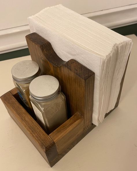 Small Wooden Projects To Sell, Napkin Holder Ideas Diy, Diy Napkin Holder, Wooden Utensil Holder, Farmhouse Napkin Holders, Wooden Napkin Holder, Condiment Bottles, Salt And Pepper Holder, Rustic Wood Crafts