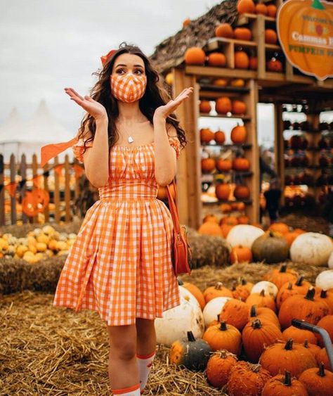 Orange Plaid Outfit, Fall Picnic Outfit, Apple Picking Outfit Summer, Style Seasons, Tiny Ghost, Pumpkin Patch Photoshoot, Orange Gingham, Baby Sitting, Pumpkin Outfit