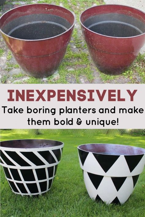 Create your own beautiful black and white geometric design planters. Much less expensive than buying them! Plus, you will have your own unique but bold design! Your container gardens will look gorgeous in these! Black And White Planters Diy, Black And White Flower Pots, Painting Plastic Planters, White Flower Pot, Small Terracotta Pots, Pots Diy, Beginner Gardening, Planting Pots, Black Planters