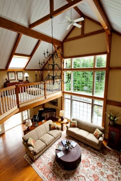 Inside+a+Barn+House | Yankee Barn Homes: tips for choosing the right interior paint colors. Post And Beam Homes Interior, Beam Living Room, Post And Beam Homes, Woods Ideas, Yankee Barn Homes, Quonset Hut Homes, Plan Chalet, Post And Beam Home, Homes Interior