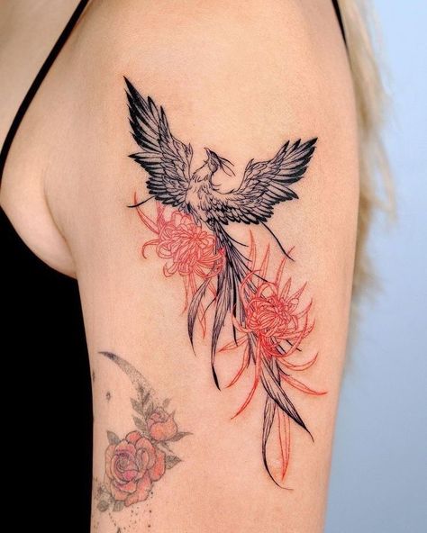 Black And Red Phoenix Tattoo, Red Ink Phoenix Tattoo, Phoenix Tattoo Back Women, Phoenix Tattoo Shoulder, Phoenix Flower Tattoo, Red Phoenix Tattoo, Japanese Phoenix Tattoo Design, Tattoo Pheonix, Pheonix Tattoo For Women