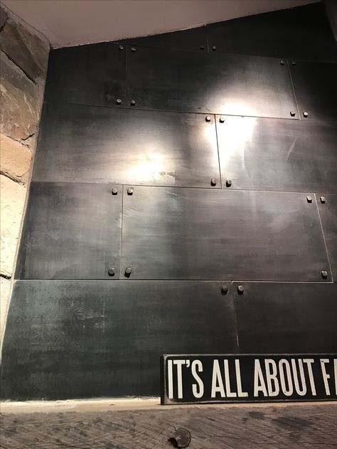 Industrial Wall Panel, Industrial Wall Paint Ideas, Gym Accent Wall Ideas, Industrial Wainscoting Ideas, Industrial Wall Design, Metal Accent Wall, Military Office, Accent Wall Design, Industrial Wall Decor