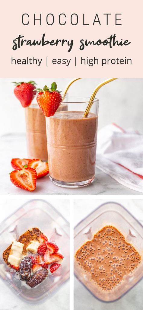 This chocolate covered strawberry protein smoothie combines strawberries, banana, dates, protein powder and cocoa powder for a healthy smoothie that tastes like a decadent treat.  #proteinsmoothie #smoothie #chocolate #strawberry #healthysnack #eatingbirdfood Chocolate Protein Powder Smoothie, Strawberry Smoothie Healthy, Strawberry Protein Smoothie, Smoothie Chocolate, Chocolate Strawberry Smoothie, Chocolate Protein Smoothie, Chocolate Smoothie Recipes, Protein Powder Smoothie, Eating Bird Food