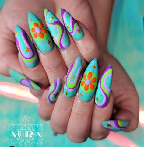 Rainbow Nail Designs Acrylic, Nails 2023 Gel, Groovy Nails, Swirl Nails, Finger Paints, Acrylic Ideas, Funky Nail Art, Retro Nails, Hippie Nails