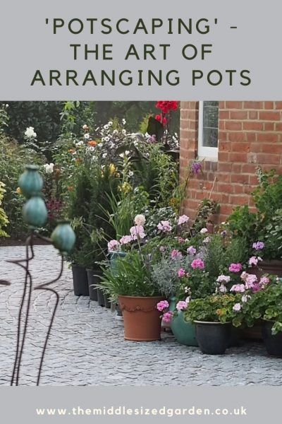 Container Garden On Gravel, Stone Garden With Potted Plants, Container Plants For Privacy Patio, Plant Pot Garden Ideas, Patio Cottage Garden, Container Patio Garden, Patio Plant Pots, Planters On Patio Ideas, Potted Patio Garden