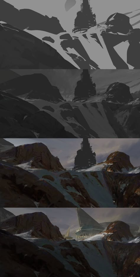 ArtStation - Warm snow + process, Manuel (Du)Pong Mountain Drawing Tutorial, How To Draw Snow, Snow Drawing, Environment Painting, Concept Art Tutorial, Digital Painting Techniques, Landscape Mountain, Affinity Photo, Landscape Concept