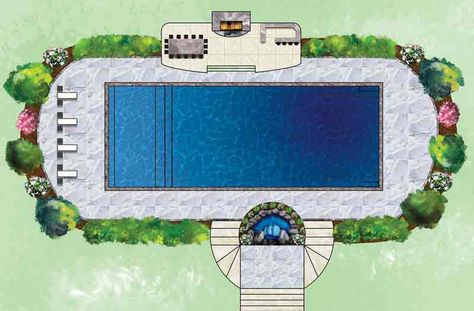 Pool With Sun Shelf, Sun Shelf, Inground Pool Designs, Inground Pool Landscaping, Rectangle Pool, Living Pool, Pool Kits, Fiberglass Swimming Pools, Leisure Pools