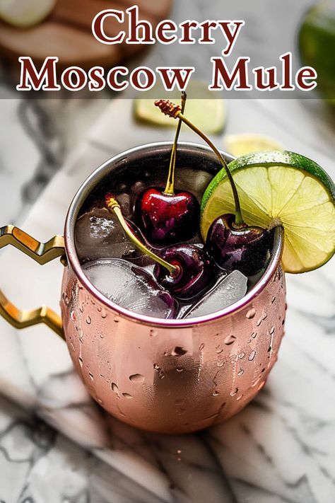 The Cherry Moscow Mule is a refreshing cocktail that combines the tartness of lime juice, the sweet and slightly tangy flavor of fresh cherries, the smooth kick of vodka, and the spicy fizz of ginger beer. Cherry Moscow Mule, Winter Vodka Cocktails, Vodka Cocktails Easy, Summer Vodka Cocktails, Cherry Vodka, Perfect Summer Drink, Cherry Cocktail, Vodka Cocktails Recipes, Refreshing Cocktail