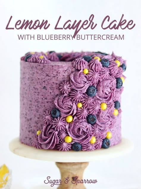 A delicious lemon layer cake recipe topped with beautiful blueberry buttercream | Sugar & Sparrow | #lemonlayercake #lemoncake #lemoncakerecipe #blueberrybuttercream #blueberrybuttercreamrecipe #blueberryfrosting #cakerecipe #cakedecorating #cakeideas Decorating Buttercream, Blueberry Buttercream, Blueberry Recipe, Lemon Layer Cake, Blueberry Frosting, Lemon Layer Cakes, Layer Cake Recipes, Recipe Cake, Blueberry Lemon Cake