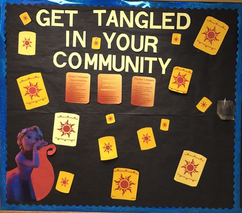 Tangled themed bulletin board. Disney Channel Bulletin Board, Tangled Door Decs, Movie Bulletin Boards, Disney Bulletin Boards, Dorm Bulletin Boards, Res Life Door Decs, Rapunzel Theme, Res Life Bulletin Boards, Tangled Theme