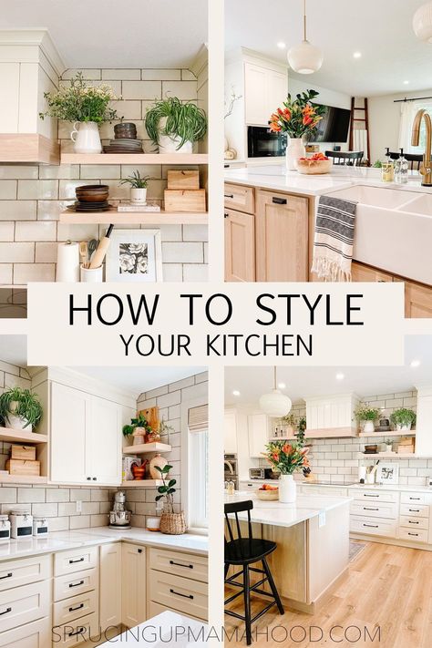 Learn how to style and decorate your Kitchen like a designer with these 7 tips! Boho Farmhouse Kitchen Decor, Neutral Farmhouse Kitchen, Style A Kitchen, Decorating Above Cabinets, Boho Farmhouse Kitchen, Kitchen Barstools, 1970s Kitchen Remodel, Farmhouse Kitchen Inspiration, Neutral Farmhouse