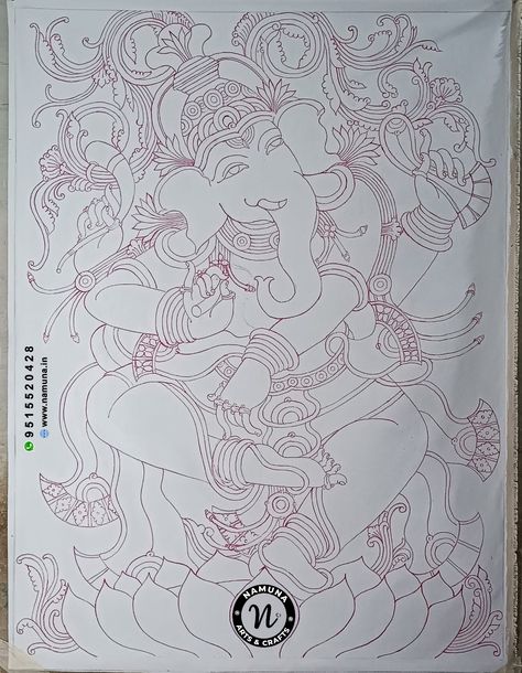 Kerala Mural Ganesha Paintings, Ganapathi Mural Painting, Mural Painting Outline Sketches, Kerala Mural Painting Outline Sketches, Mural Outline, Kerla Murals, Tanjore Sketches, Mural Sketch, Gowns Designs