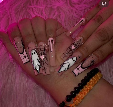 Pink French Tip, Holloween Nails, French Tip Design, Halloween Acrylic Nails, 2023 Halloween, Ghost Spider, Easy Nails, Pink French, Dope Nail Designs