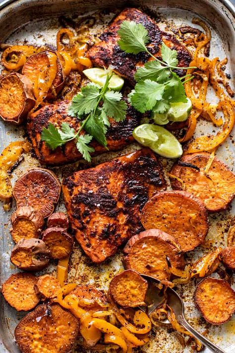 Chipotle Salmon Bowl, Salmon And Sweet Potatoes, Salmon With Cilantro, Chipotle Salmon, Half Baked Harvest Recipes, Salmon And Sweet Potato, Easy Sheet Pan Dinners, Sheet Pan Dinners Recipes, Salmon Bowl