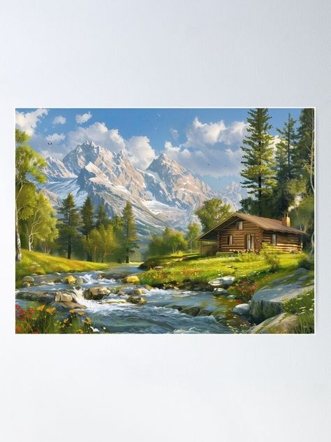 "Serene Mountain Retreat: Log Cabin by a Crystal Stream" Poster for Sale by WhimsyWall Mountain Scenery Painting, Cactus Throw Pillows, Art Mountains, Mountain Landscape Photography, Landscape Painting Tutorial, Crochet Cactus, Acrylic Painting Flowers, Scenery Paintings, Mountain Stream