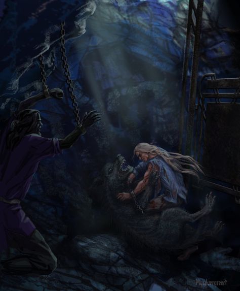 In a dungeon by Mysilvergreen  Finrod slays Draugluin to save Beren. Tolkien Elves, Middle Earth Art, Tolkien Art, Lotr Art, Dark Elf, Jrr Tolkien, Middle Earth, Painting Illustration, Lord Of The Rings