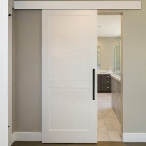 Shaker Panel Sliding Barn Door with 10 different panel designs - Contemporary - Interior Doors - by Glass-Door.us | Houzz Shaker Barn Door, Transitional Interior Doors, Contemporary Interior Doors, White Barn Door, Wood Barn Door, Landscape Designs, Sliding Barn Door, Pocket Doors, Closet Doors