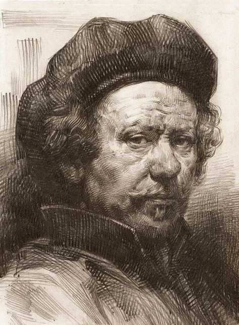 Rembrandt self portrait – fascinating  in the sheer confidence of the markmaking, the cross hatching sometimes going with the form, and sometimes against. And nowhere is there a solid black without detail. Rembrandt Drawings, Rembrandt Self Portrait, Rembrandt Art, Rembrandt Portrait, Rembrandt Paintings, Portrait Au Crayon, L'art Du Portrait, Istoria Artei, Couple Drawing