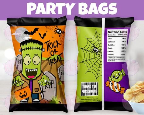 Popcorn Decor, Frankenstein Party, Frankenstein Halloween Party, Construction Cake, Halloween Candy Bags, Capri Sun, Frankenstein Halloween, Halloween Treat Bags, Halloween Party Favors