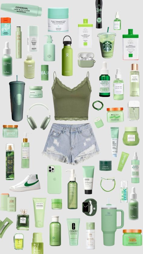 Green Girly Things, Stitch Skincare, Green Wishlist, Stitch Room, Girlie Gifts, Preppy Green, School Wishlist, Green Vibes, Dream Ideas