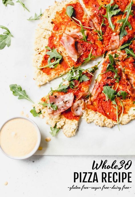 Whole30 Pizza Recipe - pizza made with cauliflower crust and topped with simple ingredients for you on your whole30! | thealmondeater.com Whole30 Pizza, Healthy Pizzas, Whole Thirty, Pizza Photography, Whole 30 Meals, Whole30 Meals, Whole 30 Challenge, Whole30 Breakfast, Cake Pizza