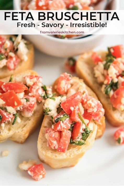 Feta Cheese Appetizers Appetizer Ideas, Bruschetta With Feta Recipe, Feta Bruschetta Dip, How To Use Up Feta Cheese, Brushetta Recipes With Feta, Baguette Recipe Ideas Appetizers, Food With Feta Cheese, Bruschetta Recipe With Feta Cheese, Feta Cheese Snacks