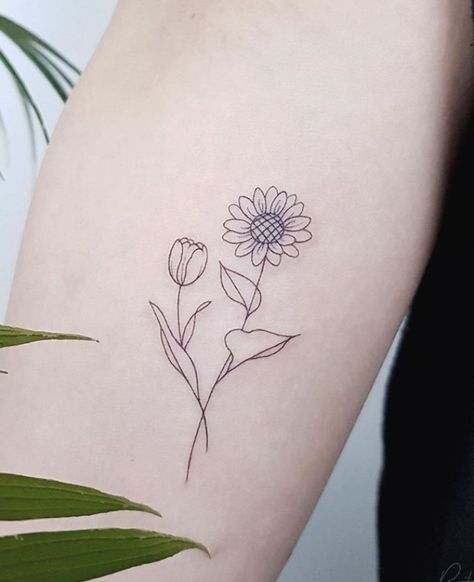 Tulip Sunflower Tattoo, Tulip And Sunflower Tattoo, Sunflower And Tulip Tattoo, Tiny Sunflower Tattoo Simple, Arm Sunflower Tattoo, Sunflower Tattoo On Arm, Sunflower With Butterfly Tattoo, Shoulder Sunflower Tattoo, Girasoles Tattoo