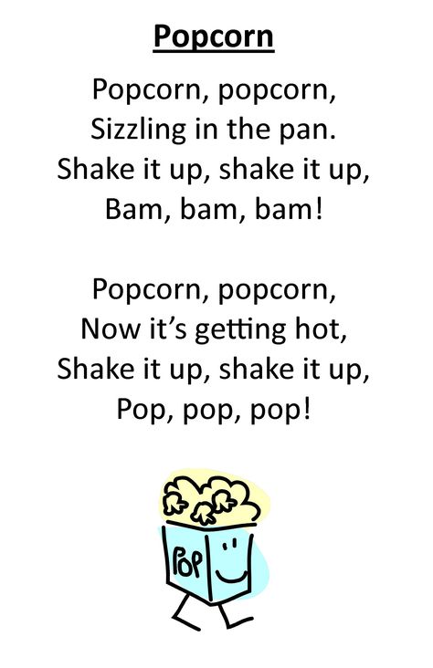 Itty Bitty Rhyme: Popcorn - Fun rhyme and even more fun to add a "POP!" at the end! :) Popcorn Song Preschool, Popcorn Games Activities, Circus Songs For Toddlers, Circus Songs Preschool, Popcorn Activity, Popcorn Song, Parachute Songs, Circle Songs, Music Games For Kids