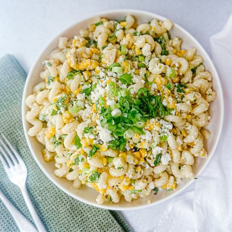 Street Corn (Elote) Pasta Salad with Mexican Crema - Plum Street Collective Elote Pasta Salad, Elote Pasta, Corn Elote, Free Meal Planner, Mexican Crema, Mexican Street Corn Salad, Main Dish Salads, Street Corn, Shredded Beef