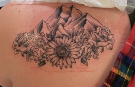 Sunflower And Blue Bonnet Tattoo, Sunflower And Mountain Tattoo, Mountain Tattoo With Flowers, Mountain And Flower Tattoo, Tattoo With Flowers, Favorite Tattoos, Foot Tattoos For Women, Mountain Tattoo, Happy Soul