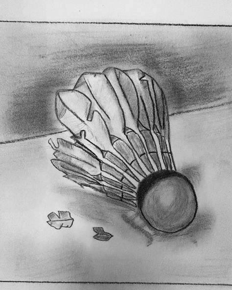 Pencil drawing of a broken feather shuttlecock Shuttlecock Sketch, Sports Drawing Reference, Sport Sketches Drawings, Badminton Drawing Sketch, Shuttlecock Drawing, Badminton Doodle, Badminton Reference, Sports Doodles, Badminton Drawing