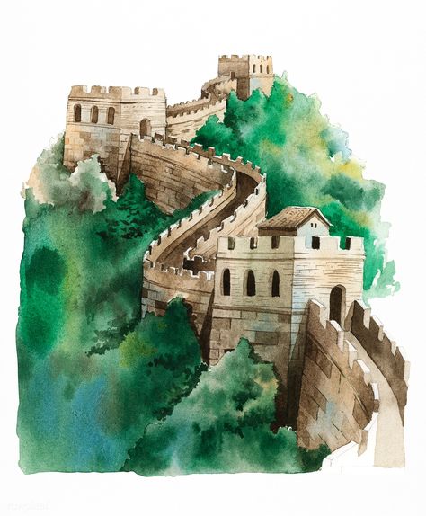 The Great Wall of China painted by watercolor | premium image by rawpixel.com / Niwat Chinese Icon, China Architecture, Chinese Wall, Mountain Drawing, Wall Drawing, Great Wall Of China, Lukisan Cat Air, China Painting, China Art