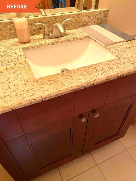 Bathroom Remodel With Oak Cabinets, Bathroom Counter Colors, Tan Cabinets Bathroom, Bathroom Decor With Brown Cabinets, Green Bathroom Cabinet Colors, Tan Bathroom Vanity Paint Colors, Brown Tiled Bathrooms Ideas, Bathroom With Tan Countertop, Sage Green And Brown Bathroom