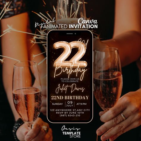 22nd Birthday video Invitation, Bronze Gold Digital Invitation, mobile 22nd party invitation, canva template invite, 22nd party invitation by OasisTemplateStore on Etsy Bronze Balloons, 44 Birthday, 19th Birthday Party, 35th Birthday Party, Birthday Video Invitation, Elegant Background, 41st Birthday, 35th Birthday