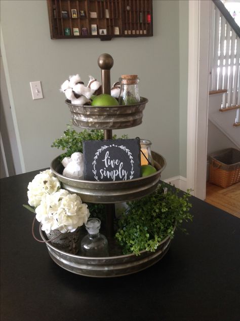 Great Idea to add to any decor. You can change it for each season/holiday or when you see fit!!! Three Tiered Tray, Tray Styling, Kitchen Table Decor, Island Decor, Tiered Stand, Fireplace Makeover, Farmhouse Style Kitchen, Modern Farmhouse Kitchens, Deco Floral