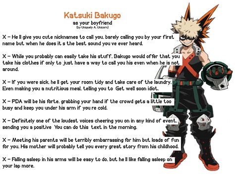 (as your boyfriend) I saw a few of these and decided to make some of my own! This is just for fun, so whether or not you agree or disagree doesn't really matter. I may make more depending on if I feel I know the character really well. Until later! <3 Uniquely out - Anime Character As Boyfriend, Katsuki Bakugou As A Boyfriend, Katsuki As A Boyfriend, As Your Boyfriend Anime, As A Boyfriend Anime, Mha As Your Boyfriend, If Anime Characters Were Your Boyfriends, Anime As Your Boyfriend, Bakugou Boyfriend Scenarios