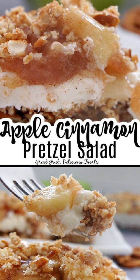 Apple Pie Pretzel Salad, Apple Cinnamon Salad, Apple Strudel Pretzels, Potluck Apple Recipes, Caramel Apple Pretzel Salad, Thanksgiving Congealed Salad Recipes, Apple Delight Recipe, Carmel Apple Pretzel Salad, Pretzels Recipe Dessert