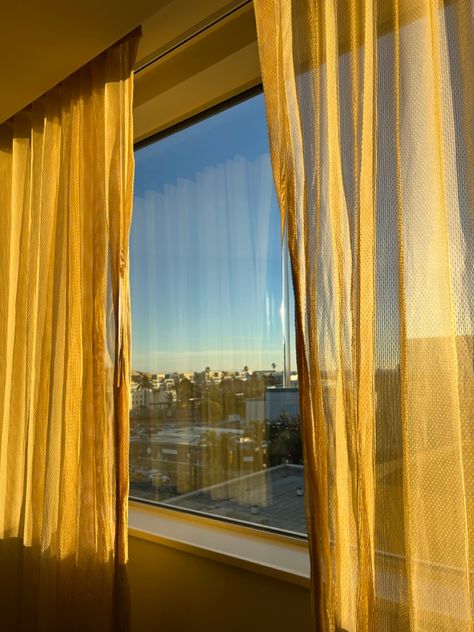 #yellow #curtains #hotel #window #aesthetic Yellow Curtains Aesthetic, Hotel Window Aesthetic, Curtains Behind Bed, Window Aesthetic, Hotel Window, Ceiling Draping, Yellow Curtains, Room Refresh, Messy Room