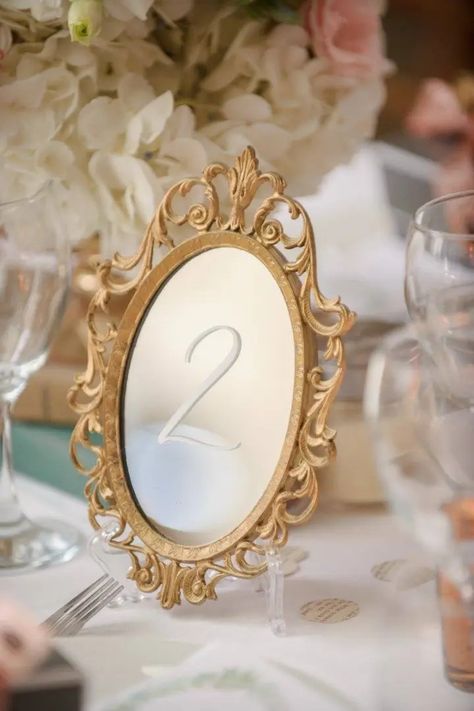 Gold Mirror Table Numbers, Mirror Table Numbers Wedding, Mirror Table Numbers, Wedding Table Numbers Gold, Gold Wedding Table Numbers, Beauty And The Beast Wedding Theme, Beauty And The Beast Wedding, Stationery Ideas, Elegant Mirrors