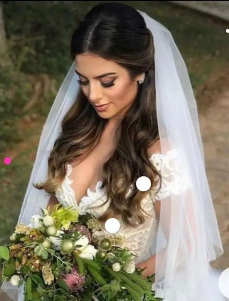 Timeless Elegance: Bride Hairstyles with Veil Hair Half Up 2024 - woman-trend.com Bridal Hairstyles With Veil Half Up, Fingertip Veil Hair Down Half Up, Bride High Bun With Veil, Brunette Bridal Hair With Veil, Bridal Hair Half Up Brunette Front View, Wedding Veil Hairstyles Half Up, Romantic Bridal Hair Half Up With Veil, Glam Wedding Hair With Veil, Hairdown Bridal With Veil