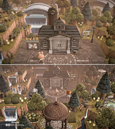 Animal Crossing Island Ideas Plaza, Resident Services, Able Sisters, Cottagecore Animal Crossing, Plaza Design, Animal Crossing 3ds, Island Town, Ac New Leaf, Forest Core