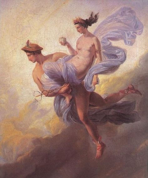 pandora carried off by mercury.. Pandora Mythology Aesthetic, Pandora Painting, Hermes Painting, Ancient Greek Aesthetic, Mythic Odysseys Of Theros, Hermes Mercury, Lawrence Alma Tadema, Odilon Redon, William Adolphe Bouguereau