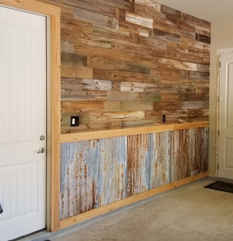 Tin Wainscoting Ideas Wall, Tin Half Way Up The Wall, Rusted Corrugated Metal Wall, Garage Rustic Interior, Bar Paneling Ideas, Cedar Walls Interior Living Room, Tin On Walls, Cedar Walls Interior, Tin On Walls Ideas