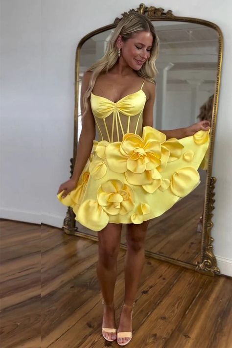 Yellow Homecoming Dress Floral Homecoming Cocktail Dresses – Laylatailor Shop Yellow Homecoming Dress, Corset Homecoming Dress, Dress Short Prom, Prom Dresses Burgundy, Hot Prom Dress, Pink Spaghetti, Homecoming Dress Short, Prom Dresses Yellow, Pink Corset