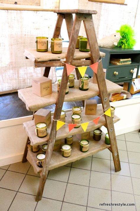 How to use a ladder for display. might do this in my dining room for christmas. found an old ladder on the roadside. How To Make A Ladder Shelf, Farmers Market Display, Simple Soap, Craft Show Booth, Craft Booth Display, Vendor Displays, Old Ladder, Craft Fairs Booth, Craft Booth Displays